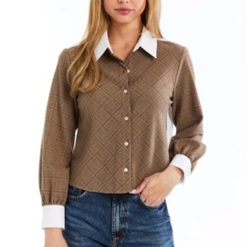 Drew Ines Button Down Shirt Womens XL Camel Plaid Mixed Media Contrast Collar